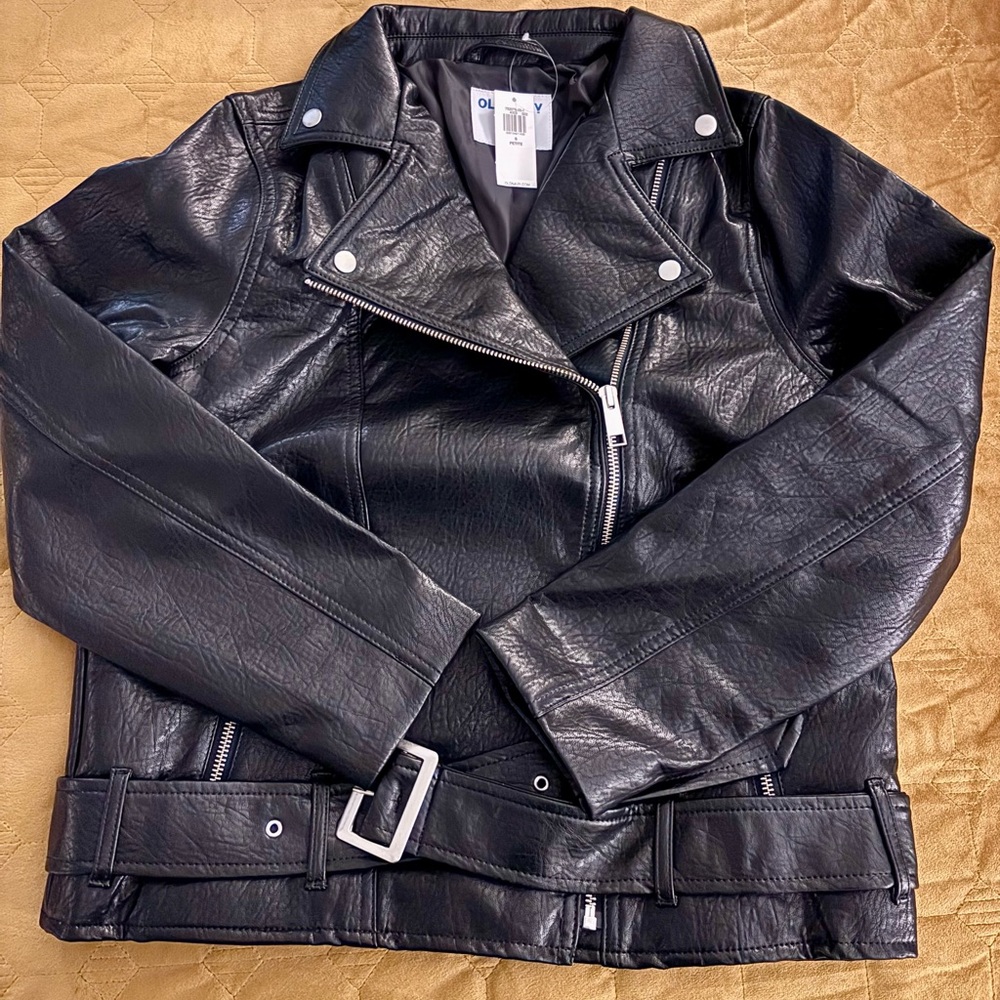 Old Navy Black Leather Biker Jacket with Asymmetrical Zipper